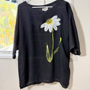 Odile Women’s Linen Shirt Size M Medium Black Flower Tunic Artsy Peasant Floral